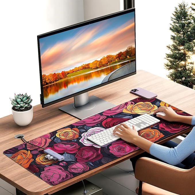 XXL Gaming Mouse Pad, Vintage Roses Floral Design, 35.4 x 15.7 Inches, Non-Slip Rubber Base, Microfiber Cloth, Extended Rectangular Desk Mat