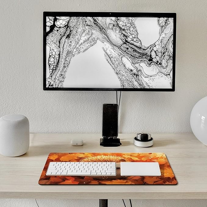 Large Ergonomic Gaming Mouse Pad Cozy Hedgehog in Autumn Leaves - Cute Forest Animal Theme with Non-Slip Base Water-Resistant Surface and Stitched Edges 30x60cm