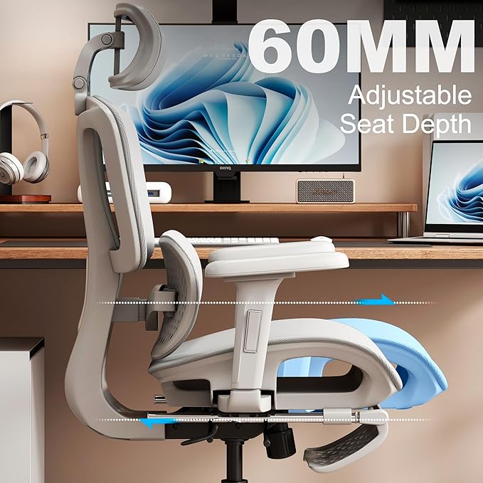 Vonesse Ergonomic Office Chair with Footrest, Desk Chairs with Adjustable 3D Headrest and Armrests, Computer Gaming Chair with Dynamic Lumbar Support & Adjustable Depth Breathable Mesh Seat (Grey)