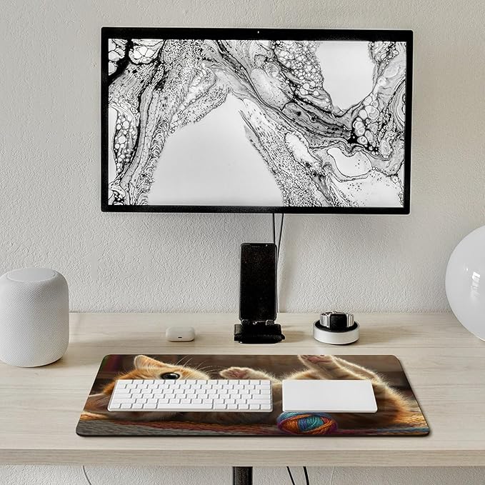 Large Ergonomic Gaming Mouse Pad Curious Kitten Playtime - Cute Cat Theme with Non-Slip Base Water-Resistant Surface and Stitched Edges 40X75cm