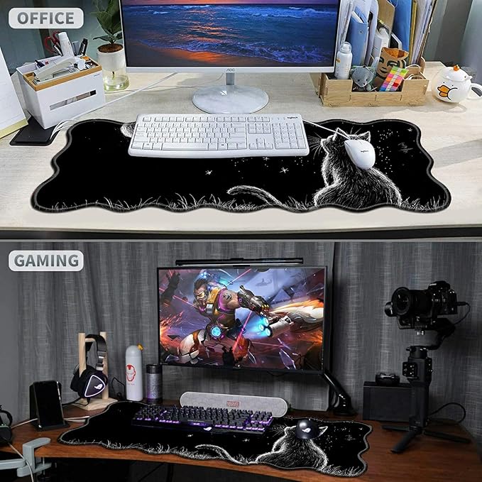 Black Cat Moon Large Gaming Mouse Pad Plus a Coaster, 31.5 x 11.8 inches Desk Mat Extended XL Mousepad with Stitched Edge Non-Slip Rubber, Desk Pad Computer Mouse Mat for Home Office