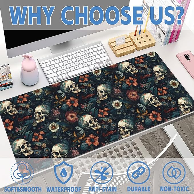Desk Mat,Skulls with Flowers Large Gaming Mouse Pad for Desk XXL,Skull Floral Desk Pad for Desktop,Extended Big Computer Keyboard Mouse Pad with Non-Slip Base and Stitched Edges 35.4"x15.7"
