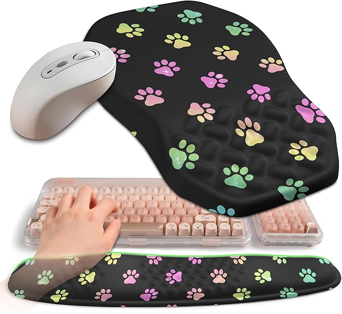 2-in-1 Ergonomic Set, Wave Keyboard Wrist Rest and Massage Slope Mouse Pad Wrist Support, Rebound Memory Foam for Relieve Carpal Tunnel Syndrome and Wrist Pain (Cute Cat Claws)