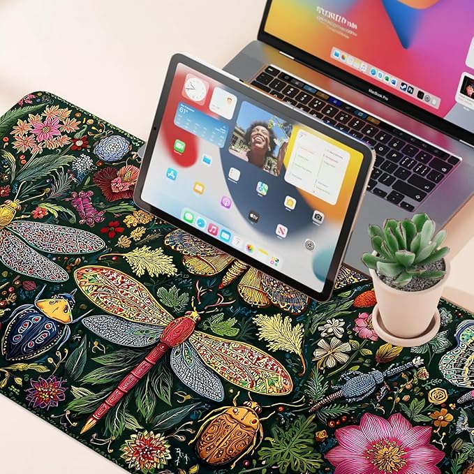 Desk Mat, XXL Extended Gaming Pad for Desktop, 35x16 Inches Butterflies and Dragonflies Garden Scene, Large Non-Slip Vegan Leather Keyboard Mouse Mat for Home Office