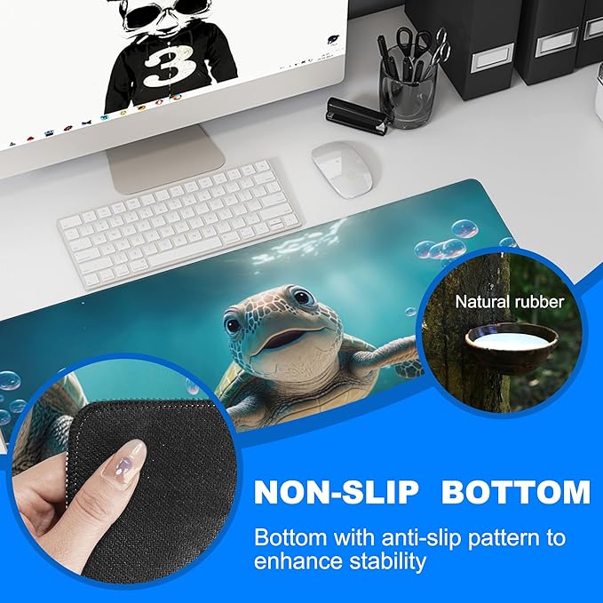 Desk Mat, Cute Turtle Smiling Under The Sea Extended Gaming Mouse Pad Large, 35.4"x15.7" Big Mouse Pad with Non-Slip Base and Stitched Edge, Long Computer Keyboard Mouse Mat for Home Office Work