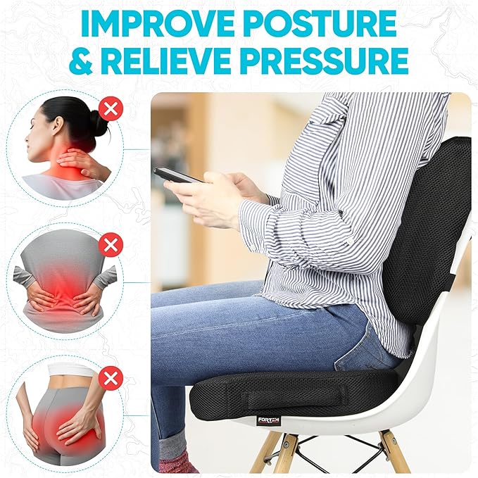 FORTEM Seat Cushion, Office Chair Cushion, Lumbar Support Pillow for Office Chair, Memory Foam Ergonomic Coccyx & Lumbar Support, Car Sitting Pad, Washable Non-Slip, XL