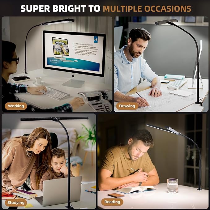 Led Desk Lamp for Home Office, Eye-Care Architect Light with Clamp, Smart Double Head Computer Monitor Table Clip Lamp, Adjustable Flexible Goose-Neck, 25 Lighting Models, Task Lamp, Black