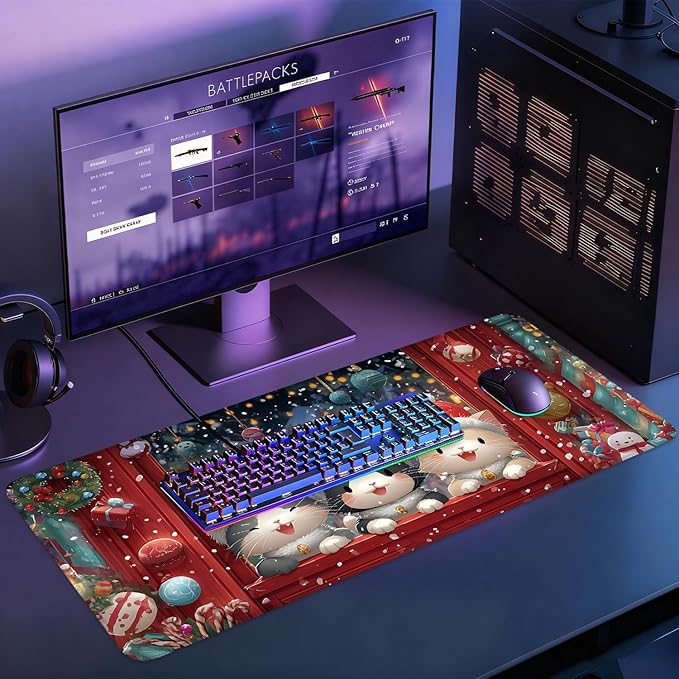 Desk Mat, XXL Extended Gaming Pad for Desktop, 35x16 Inches Cats in Santa Hats at Window, Large Non-Slip Vegan Leather Keyboard Mouse Mat for Home Office