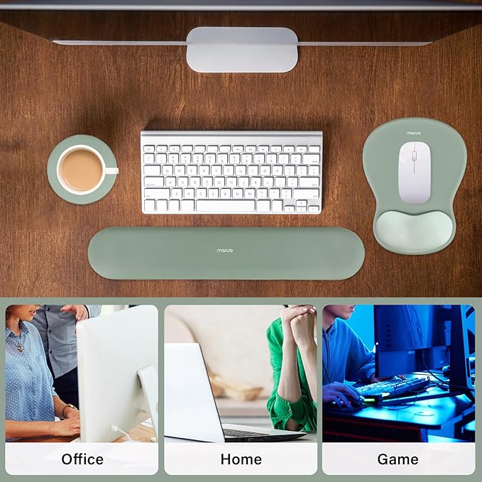 MOSISO Wrist Rest Support for Mouse Pad&Keyboard Set, Curved Ergonomic Mousepad&Coaster Non-Slip Base Home/Office Pain Relief&Easy Typing Cushion with Soft Cloth&Silicone Lining, Green