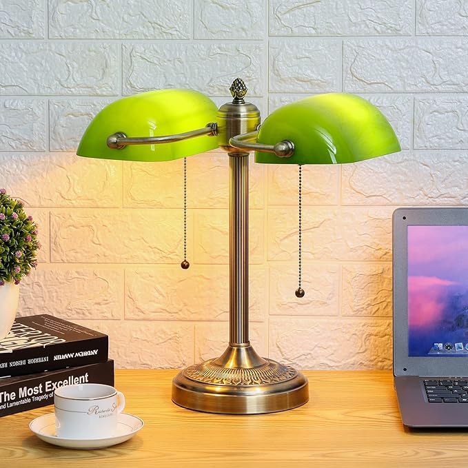 Newrays Green Double Head Glass Bankers Desk Lamp with Pull Chain Switch Plug in Fixture for Library, Office, Cafe