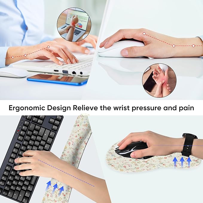 Wrist Rest Support for Mouse Pad Keyboard Set Circle Coaster Gaming Mouse Pad Ergonomic Gel Memory Foam Set for Computer, Laptop, Office, Comfortably Typing Flowers KM-39