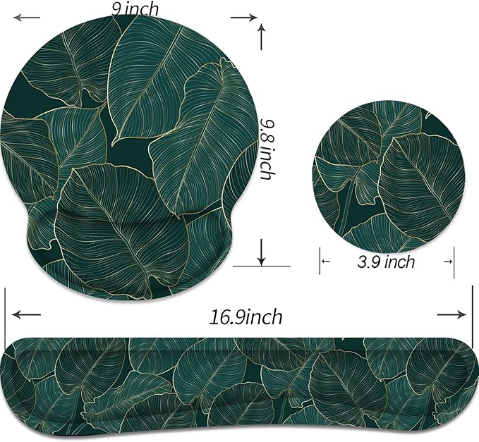 Ergonomic Mouse Pad with Wrist Rest and Keyboard Wrist Rest, Mousepad and Wrist Rest for Computer Keyboard, Non-Slip Base, Mouse Pad Wrist Support for Gaming, Office, Green Palm Leaf