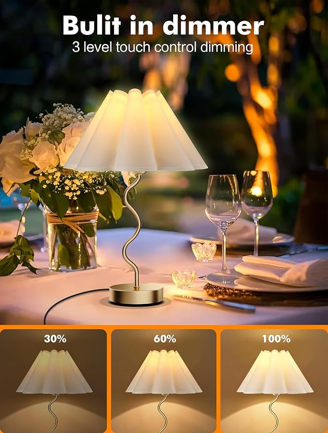 Small Table Lamp Pleated Table Lamp 3 Way Dimmable Touch Lamps for Night Stands with USB C+A Ports Bedside Nightstand Lamp Morden Desk Lamp for Bedroom Home Kitchen Living Room Kids Room Nursery