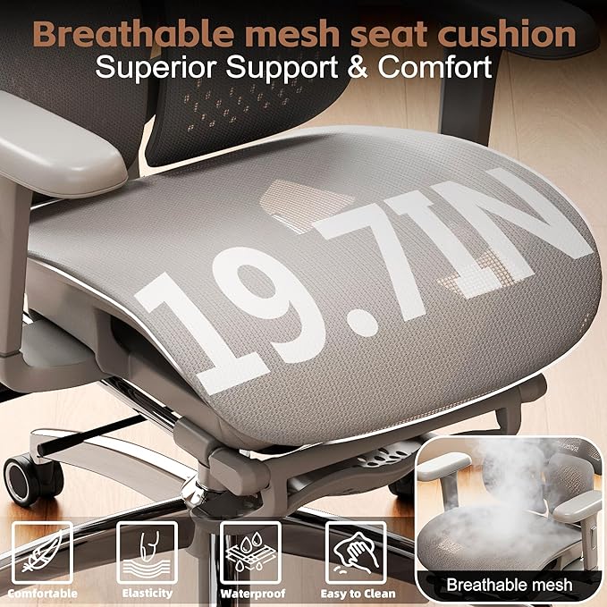 Vonesse Ergonomic Office Chair with Footrest, Desk Chairs with Adjustable 3D Headrest and Armrests, Computer Gaming Chair with Dynamic Lumbar Support & Adjustable Depth Breathable Mesh Seat (Grey)