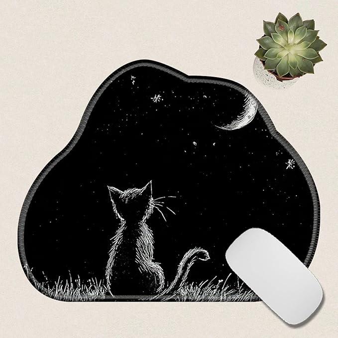 Cute Mouse Pad Plus 1 Coaster, Small Gaming Mouse Mat 11.8 x 9.45 inches, Travel Mouse Pads with Durable Stitched Edges Non-Slip Base, Black Cat Moon Decor Mousepad for Office Home