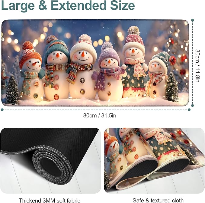 Six Snowmen Extended Gaming Mouse Pad 31.5x11.8inches Large Desk Mat Anti-Slip Rubber Base & Durable Stitched Edges for Gamers Smooth Mouse Writing Surface for Desk Office/Home