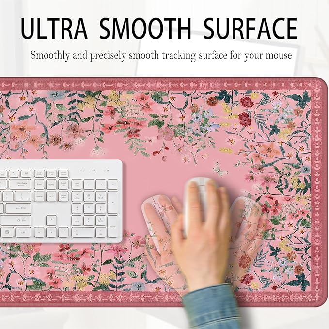 Vibrant Pink Flower Floral Large Mouse Pad 31.5x15.7inch, Aesthetic Wildflower Butterfly Botanical Big Extended Desk Mat Mousepad XL Gaming Keyboard Mat for Home Office Accessories