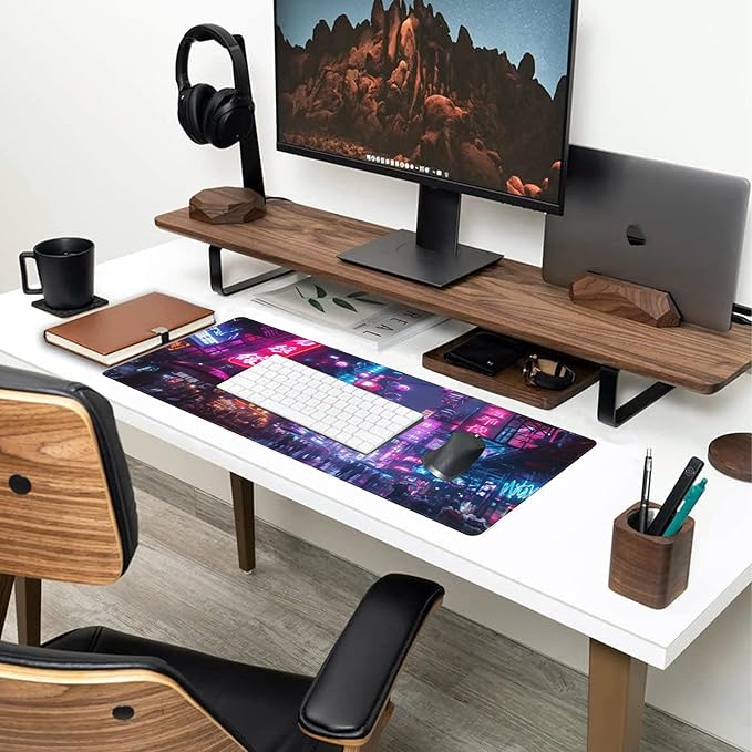 Desk Mat,Cyberpunk Neon City Large Gaming Mouse Pad for Desk XL,Futuristic Night Street Desk Pad,Extended Big Computer Keyboard Mouse Pad with Non-Slip Base and Stitched Edge 31.5"x11.8"