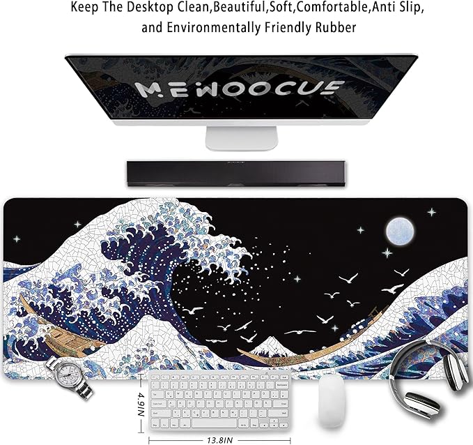MEWOOCUE® Gaming Mouse Pad for Desk,Large Wave Mousepad Laptop,Black White Japanese Anime Mouse Mat,Long XXL Waterproof Keyboard Pads,Big Non-Slip Mousepads for Game Office Home（31.5 x 11.9 in）
