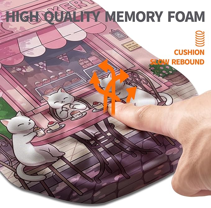 Ergonomic Slope Mouse Pad Wrist Support, Wrist Rest Mousepad for Carpal Tunnel with Massage Bulge and Slow Rebound Memory Foam (12x8 inch, Cat Bakery)