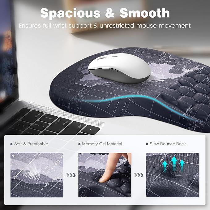 Ospelelf Ergonomic Mouse Pad and Keyboard Stand Wrist Rest Set, Memory Foam Comfort, Wrist Support for Typing, Office Desk Accessories, Map