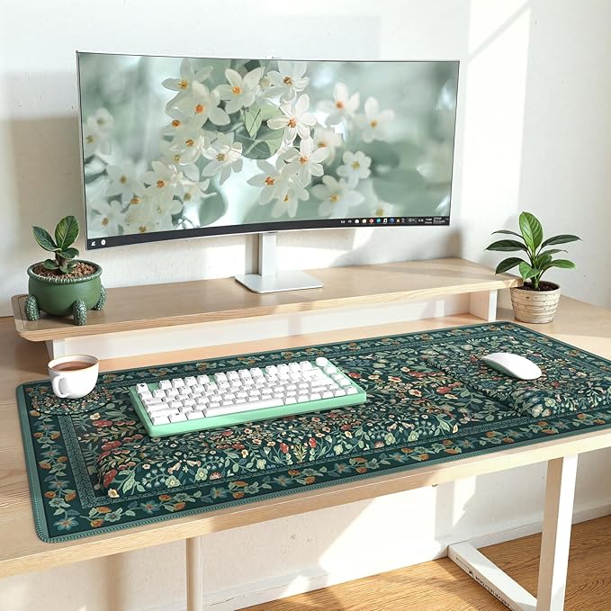 iLeadon Mouse Pad and Keyboard Wrist Rest, Extra Large Mouse Pad Set, Memory Foam Wrist Support for Keyboard, Ultra Smooth Dark Green Desk Mat Sets for Office Women(Floral)