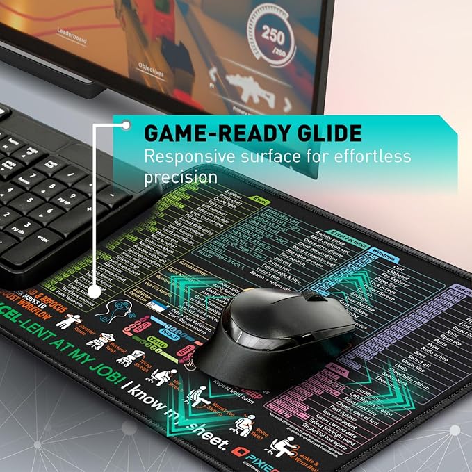 Excel Shortcut Mouse Pad with Windows, Word & PowerPoint Shortcuts - Small Excel Cheat Sheet Desk Pad | Non-Slip Stitched Gaming Mousepad | Large Mouse Pads for Desk Computers & Workstations