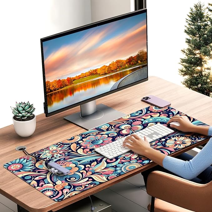 XXL Gaming Mouse Pad, Bohemian Floral Pattern, 35.4 x 15.7 Inches, Microfiber Cloth, Non-Slip Rubber Base, Extended Desk Mat