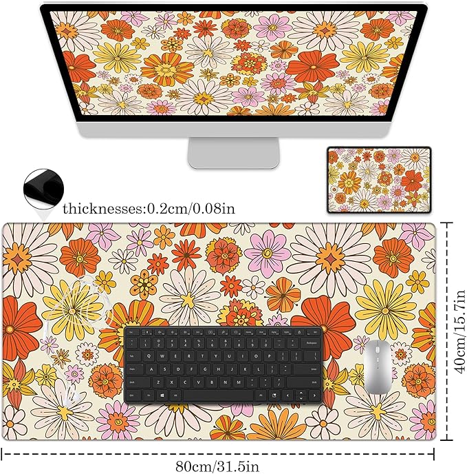 Orange Daisy Desk Protector, Stitched Edges Flower Mouse Mat, Large Office Mat, Non-Slip Blotter, Laptop Desk Pad, Floral Writing Pad for Office and Home (31.5" x 15.7")