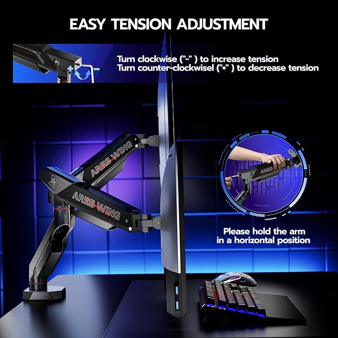 ARES WING Dual Monitor Arm for 17-35 Inch Flat Curved Ultrawide Screens Up to 26.5lbs, Fully Adjustable Dual Monitor Mount, C-Clamp & Grommet Base, 75/100 Vesa Mount, Black