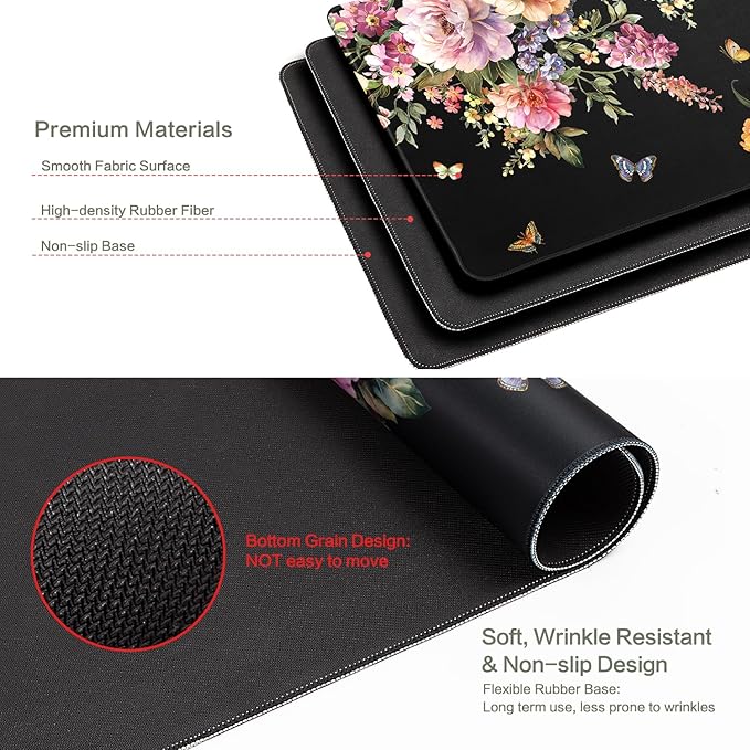 Vimorco Desk Mat Mouse Pad Butterfly Flower, Waterproof Pink Floral XL Large Gaming Desk Pad Mousepad, Black Computer Laptop Keyboard Mouse Mat for Women Girls Work, Game, Office, Home 31.5 x 11.8 in