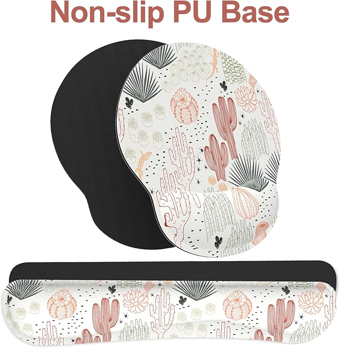 Ergonomic Mouse Pad with Wrist Rest and Keyboard Wrist Rest, Mousepad and Wrist Rest for Computer Keyboard, Non-Slip Rubber Base, Mouse Pad with Wrist Support for Gaming, Office, Cactus