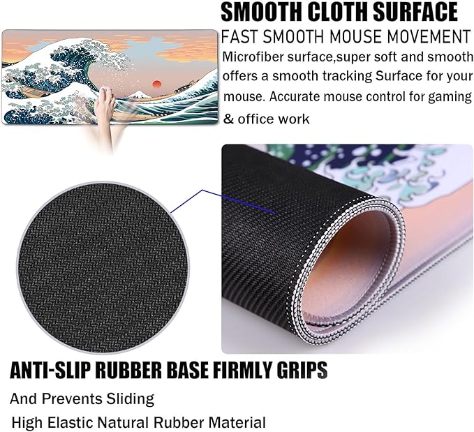 Japanese Large Mouse Pad, DeskMat Office Desk Pad, Extended Large MouseMat for PC, Stitched Edges Gamer Mousepad 31.5 X 15.7 Inch Long Mice Pad, Sunset Sea