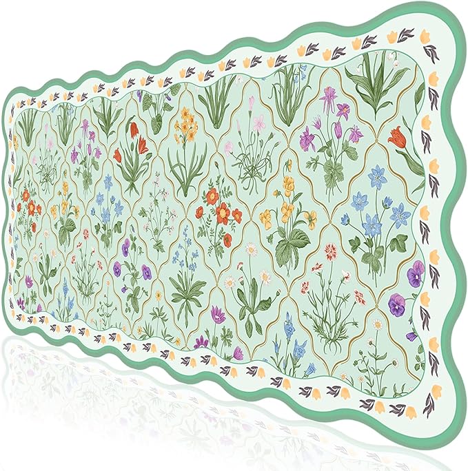 L-SPOUTTO Green Mouse Pad,Botanical Desk Mat XXL Large Scalloped Gaming Mousepad,35.4x15.7in Non-Slip Rubber Base Keyboard Pad Waterproof Desktop Mat for Laptop Computer Game Home Office-Flowers