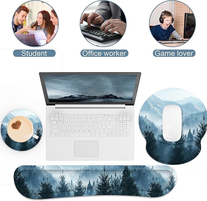 Ergonomic Mouse Pad with Wrist Rest and Keyboard Wrist Rest, Mousepad and Wrist Rest for Computer Keyboard, Non-Slip Rubber Base, Mouse Pad with Wrist Support for Gaming, Cloud Forest