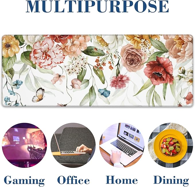 Large Mouse Pad Watercolor Flowers with Butterfly Extended Gaming Mousepad Waterproof Desk Pad with Non-Slip Base and Stitched Edge 11.8 x 31.5 Inch Keyboard Mouse Mat for Home Office Decor