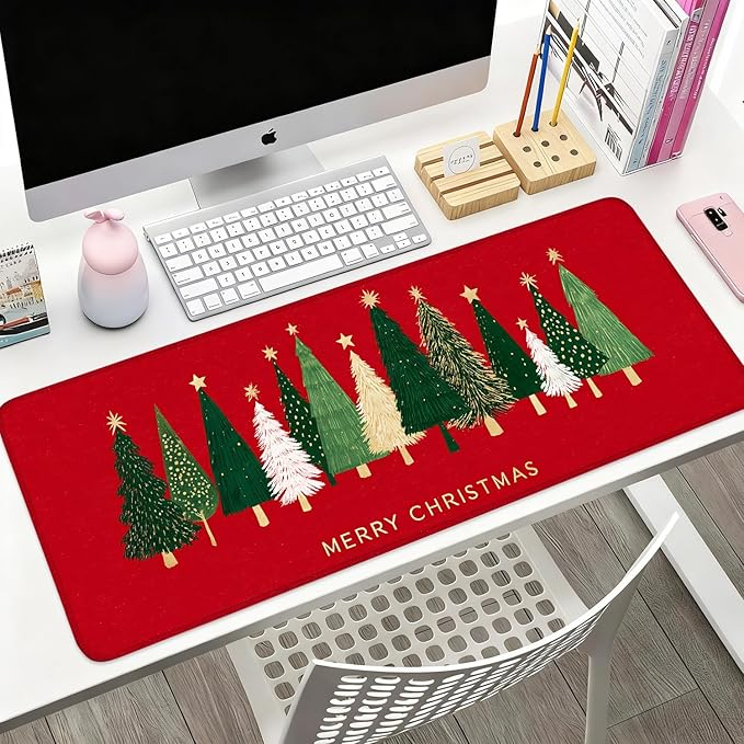 Desk Mat, XXL Extended Gaming Pad for Desktop, 31x12 Inches Trees on Red Background, Large Non-Slip Vegan Leather Surface with Stitched Edges, Keyboard Mouse Mat for Home Office