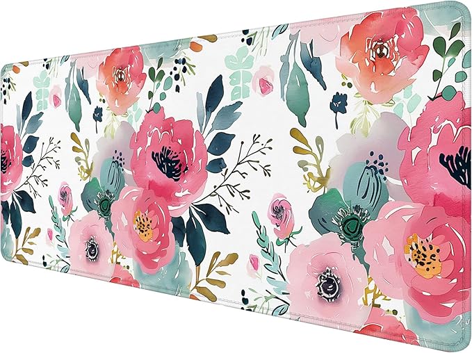 Pink Floral Gaming Mouse Pad Watercolor Flower Plant Large Gaming Mouse Mat with Stitched Edges,Non-Slip Waterproof Rubber Base Mous Mat 31.5"x11.8" Office Computer Keyboard Laptop Home