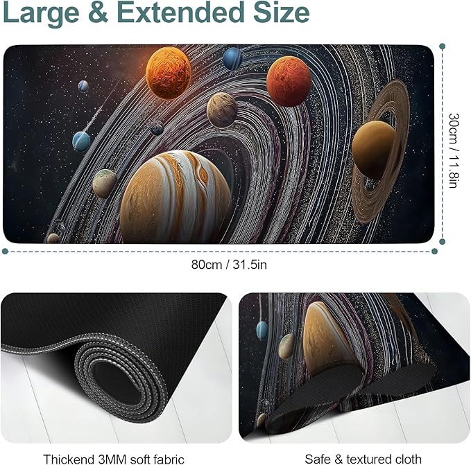 Planet Extended Gaming Mouse Pad 31.5x11.8inches Large Desk Mat Anti-Slip Rubber Base & Durable Stitched Edges for Gamers Smooth Mouse Writing Surface for Desk Office/Home