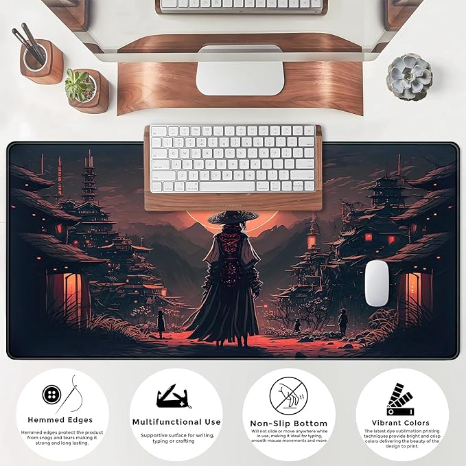 Japanese Landscape Desk Mat Post Moonlight Samurai Mouse Pad Large Dark Aesthetic Desk Pad Gaming Mousepad Extended XXL 31.5 x 15.7 in Laptop Computer Mouse Keyboard Mat