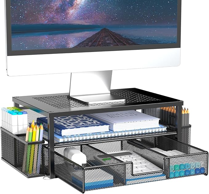 2 Tier Computer Monitor Stands with Drawer and 2 Pencil Holder, Metal Monitor Stand, Office Desk Accessories Workspace Desktop Organizers for Office Supplies, Black