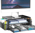 2 Tier Computer Monitor Stands with Drawer and 2 Pencil Holder, Metal Monitor Stand, Office Desk Accessories Workspace Desktop Organizers for Office Supplies, Black