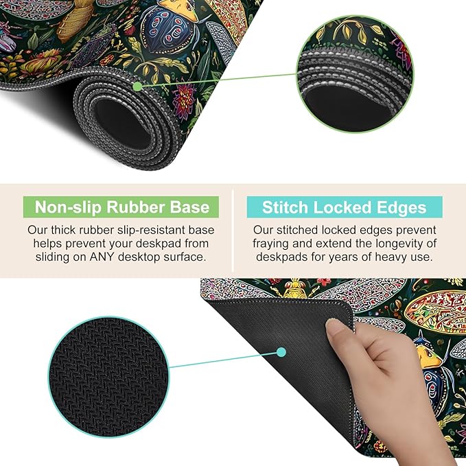Desk Mat, XXL Extended Gaming Pad for Desktop, 35x16 Inches Butterflies and Dragonflies Garden Scene, Large Non-Slip Vegan Leather Keyboard Mouse Mat for Home Office