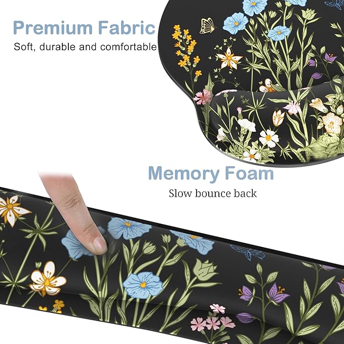 Ergonomic Mouse Pad with Wrist Rest and Keyboard Wrist Rest, Memory Foam Wrist Rest for Computer Keyboard, Easy Typing, Black Mouse Pad Wrist Support for Gaming,Office, Laptop, Floral