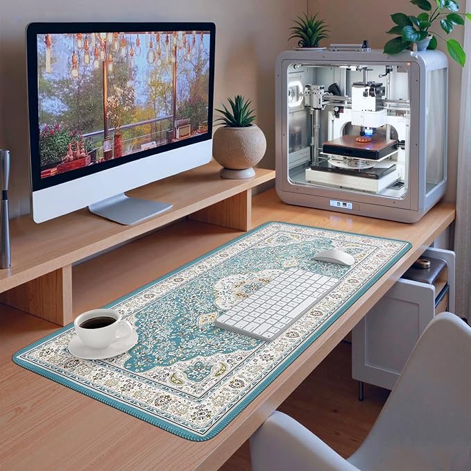 iCasso Large Desk Mat for Keyboard and Mouse,Retro Desk Pad,Non Slip Keyboard Mat with Stitched Edges,Long Extended Mouse Pad for Office Home School (35.4×15.7 Inches)