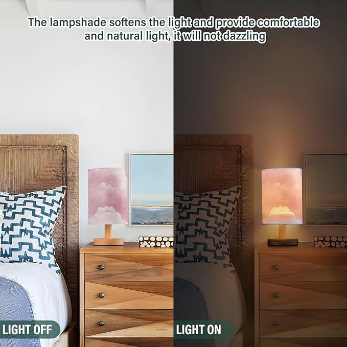 Pink Cloud LED Table Lamp, Bedside Lamp with Linen Lampshade, Flicker-Free Eye Care USB Plug in Nightstand Lamp, for Bedroom and Office