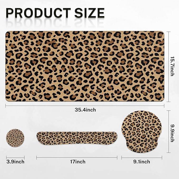 Arttown Leopard Desk Mat Brown and Black Leopard Print Mouse Pad Set 4 in 1 Ergonomic Design Large Mouse Pad + Keyboard Wrist Rest + Mouse Wrist Rest + Coaster Suitable for Home Office Study Game