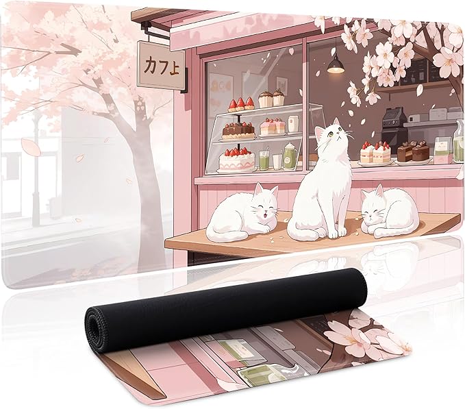 Pink Cute Cat Gaming Mouse Pad Large Desk Mat Extended Keyboard Mouse Pad Anime Mousepad with Non-Slip Base and Stitched Edge Mouse Mat Desk Pad 31.5 x 11.8 in Mouse Pads for Desk Home Office Gaming