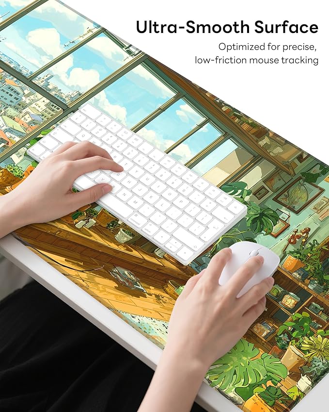XL Gaming Mouse Pad, 31.5x15.7'' Large Desk Mat with Anti-Slip Rubber Base & Stitched Edges for Gaming, Office, Home, Greeny Cottage