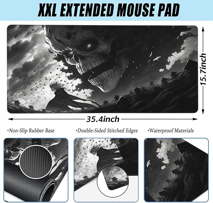 Desk Mat,Horror Anime Manga Large Gaming Mouse Pad for Desk XXL,Anime Scene Desk Pad,Extended Big Computer Keyboard Mouse Pad with Non-Slip Base and Stitched Edge 35.4"x15.7"